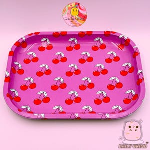 Vassoio/piatto portaoggetti multiuso in metallo - Fantasia ciliegia rosa - 12 x 18 cm