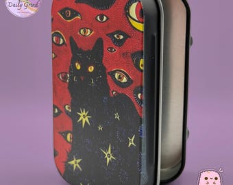 Black Cat Witchy Cartoon - Small Red Metal Tin Box with Hinged Lid