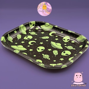Green Alien UFO Multi-Use Metal Tray Plate - 14x18cm