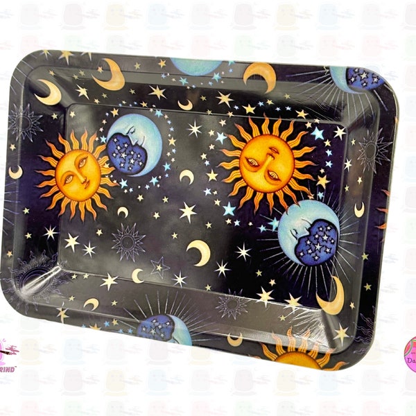 Cute Sun and Mood Star Sign Astrology - 12x18cm Metal Tobacco Rolling Tray Surface for Bits & Pieces Jewellery Crystals  Trinkets  Gift