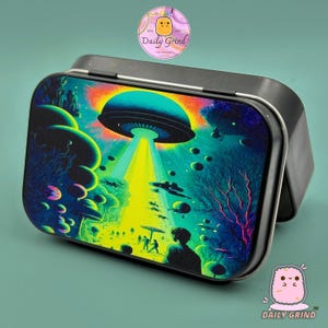 Alien Abduction UFO Apocalypse - Small Metal Storage Tin Box with Hinged Lid - Christmas Gift