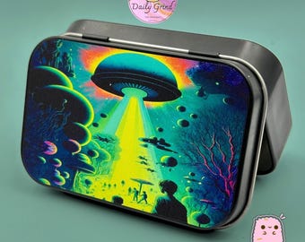 Small Metal Storage Tin Box With Hinged Lid - Alien Abduction UFO Apocalypse
