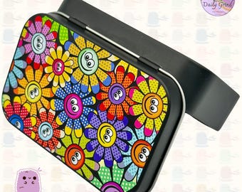 Colourful Cartoon Flower Faces - Small Metal Storage Tin Box Gift