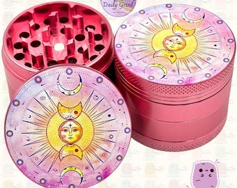 Art astrologique soleil et lune roses - Moulin à tabac personnalisé en aluminium de 50 mm, 4 pièces, cadeau