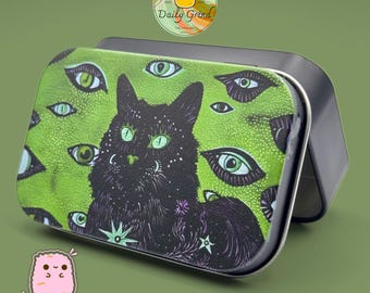 Black Cat Witchy Cartoon - Small Metal Storage Tin Box - Spooky Gift