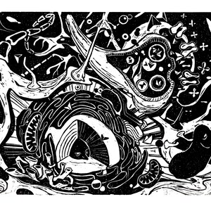 Puede incluir: Impresión abstracta en blanco y negro con detalles intrincados y formas orgánicas. La impresión presenta una variedad de texturas y patrones, incluyendo espirales, líneas y puntos. La impresión recuerda una escena natural, con elementos que se asemejan a plantas, animales y otras formas naturales.