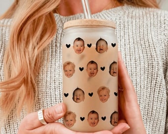 Personalized Baby Face Glass Can With Photo, Mothers Day 2025 Glass Tumbler, Custom Baby Face Ice Coffee Cup For Mommy, Dog Mom Glass Mug