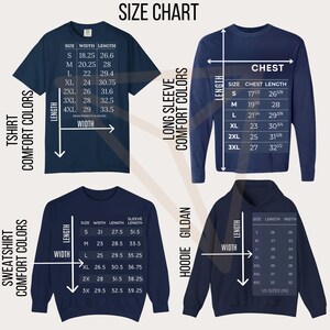 May include: Size chart graphic with measurements for t-shirts, long sleeve shirts, sweatshirts, and hoodies. Measurements are in inches for width, length, chest, and sleeve length. The chart includes sizes S, M, L, XL, 2XL, 3XL, and 4XL.