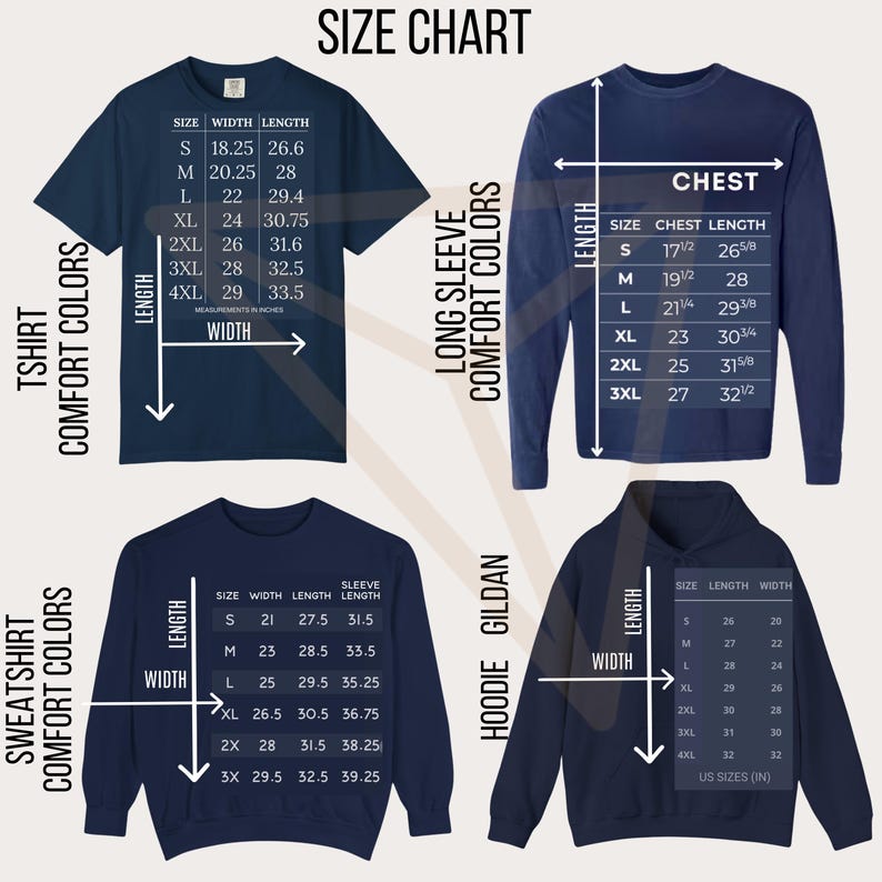 May include: Size chart graphic with measurements for t-shirts, long sleeve shirts, sweatshirts, and hoodies. Measurements are in inches for width, length, chest, and sleeve length. The chart includes sizes S, M, L, XL, 2XL, 3XL, and 4XL.