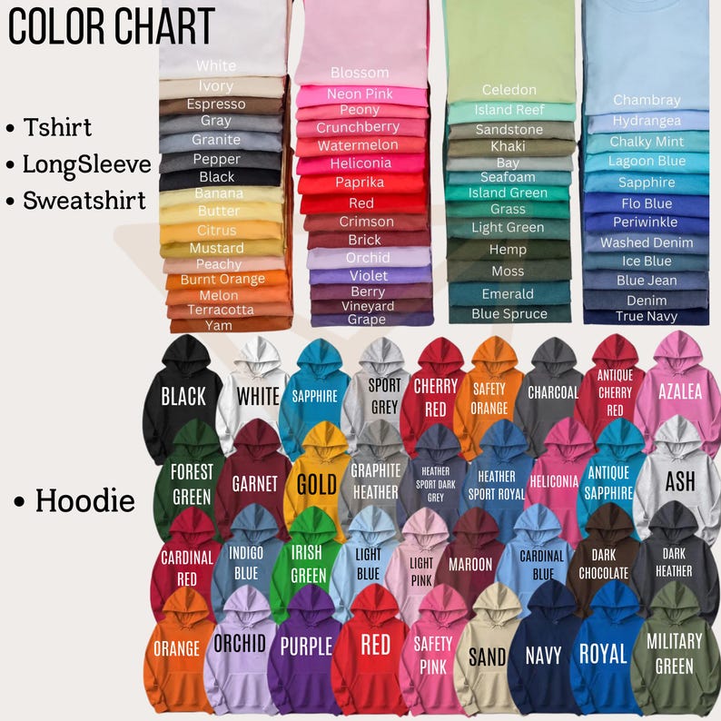 May include: A colour chart showcasing a range of t-shirts, long sleeves, sweatshirts, and hoodies in diverse hues. The chart features colours such as white, black, red, blue, and green, each labelled for easy identification.