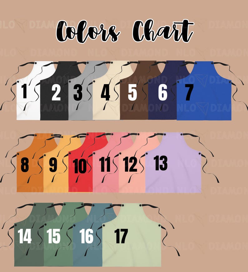 May include: A colour chart displaying 17 aprons in a range of colours. These include white, black, grey, beige, brown, navy, and blue. Further colours are orange, yellow, red, pink, peach, and lavender. Green, teal, and light green aprons are also shown. The text "Colors Chart" is at the top.