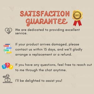May include: A beige graphic with the words "SATISFACTION GUARANTEE" in brown script. The image includes icons of a handshake, a phone with chat bubbles, question marks, and a person at a laptop. Text promises excellent service.