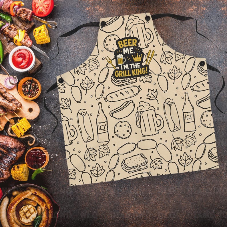 May include: A beige apron featuring a black outline design of barbecue-related items, including beer mugs and bottles. The apron has the text "BEER ME, I'M THE GRILL KING!" in black and yellow.