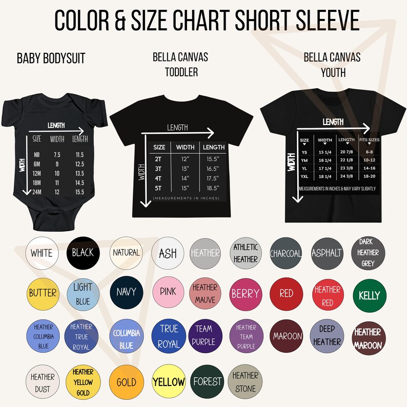 May include: Size chart for short sleeve baby bodysuits, toddler, and youth t-shirts. Measurements are in inches. Includes a range of colours such as white, black, navy, and red. The chart provides width and length details.