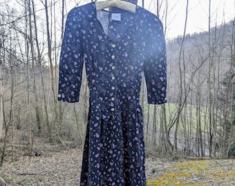 Vintage Black Floral Rose Cotton Midi Dress