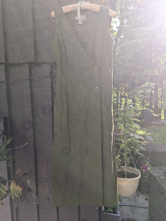 Vintage Olive Green Cotton/Linen Midi Dress - image 2