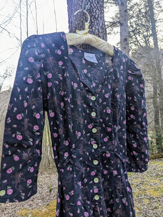 Vintage Black Floral Rose Cotton Midi Dress - image 2