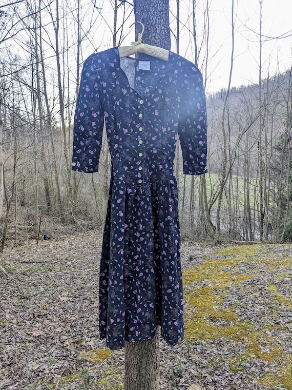 Vintage Black Floral Rose Cotton Midi Dress