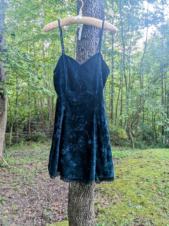 Vintage 90s Forest Green Crushed Velvet Mini Dress