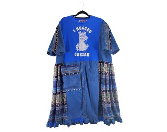 L-2X UPcycled Llama T-Shirt Dress Mixed Print Blue Denim Stripes Midi Length Plus Size Loose Fit Oversized XL XXL 1X Short Sleeve