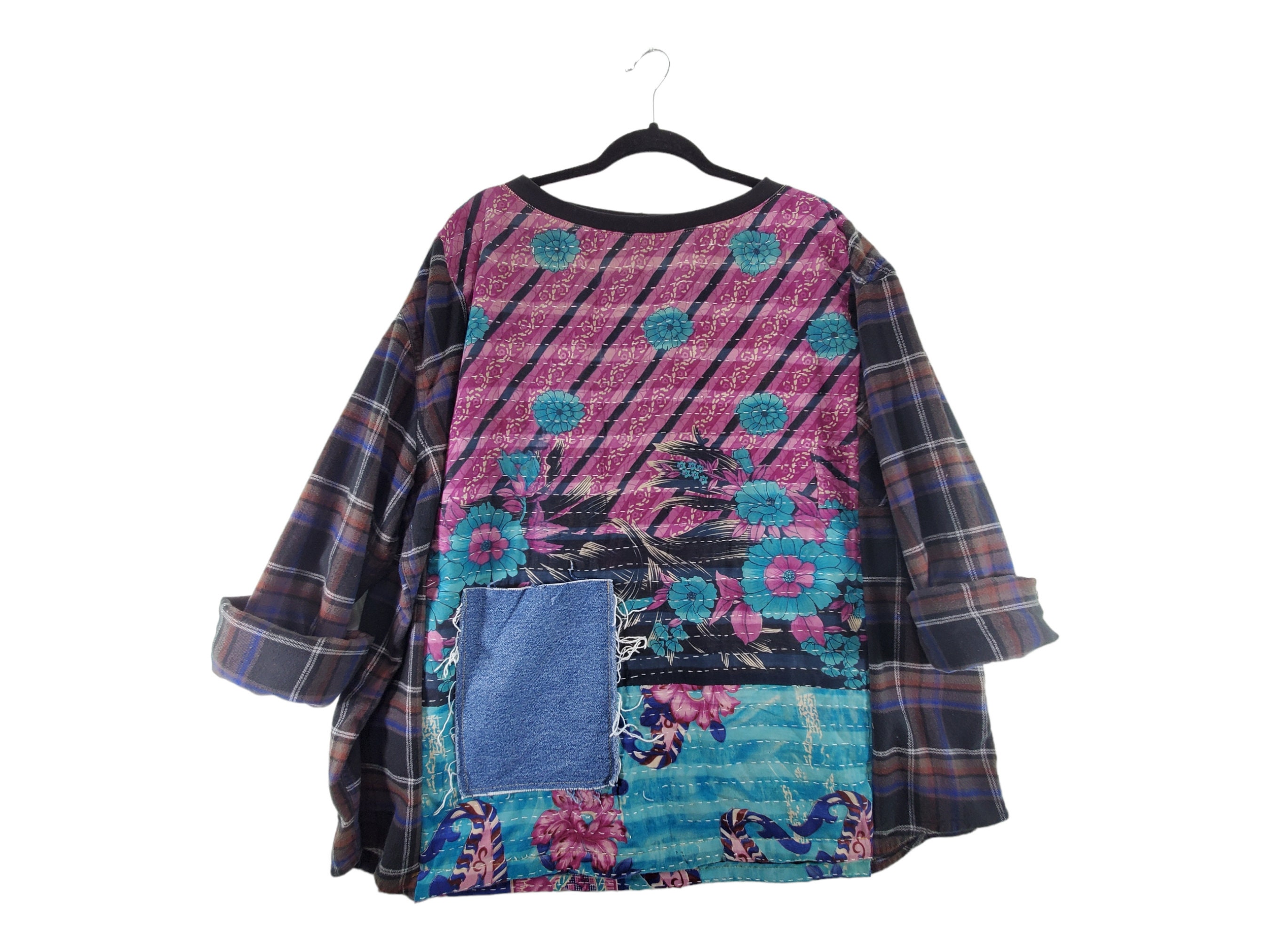 M3X Upcycled Boho Kantha Quilt Flannel Shirt Pullover Sweater Top