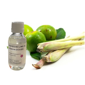 May include: A clear glass bottle with a white cap labelled "Persian Lime & Lemongrass" fragrance oil. The bottle is next to fresh limes and lemongrass stalks on a white background. The label indicates the oil is phthalate free and suitable for candles and soaps.
