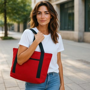 Handgefertigte Umhängetasche, umweltfreundliche, geräumige Alltagstasche mit Taschen, Sommertasche, Einkaufstasche aus rotem Canvas (Entenstoff).