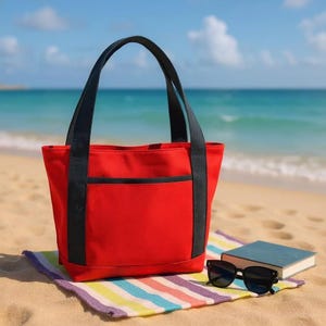 Handgefertigte Umhängetasche, umweltfreundliche, geräumige Alltagstasche mit Taschen, Strandtasche, Einkaufstasche aus rotem Canvas (Entenstoff).