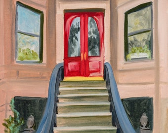 Original painting on canvas panel. Brooklyn brownstone. Red door, New York City apartment, springtime.