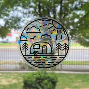 Adventure Suncatcher | Static Cling Window Decal | Prismatic Room Brightener | Gift for fans of Camping, Glamping | Camper Trailer Decor