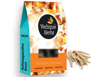 VEDIQUE HERBS Organic Ashwagandha Root (Indian ginseng | Withania somnifera) - 250g (8.8oz) | Raw, Crude, Dried | T-Cut | Premium Grade