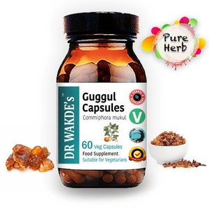 DR WAKDE&#39;S Guggul Capsules (Mukul Myrrh | Commiphora mukul) | 60 Veg Caps | Ayurvedic Supplement | Vegan | 100% Herbal