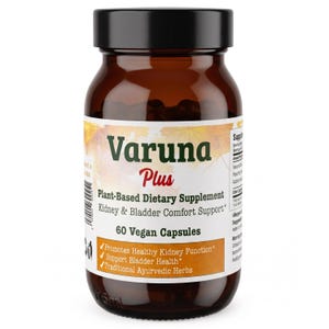 Könnte beinhalten: Eine braune Glasflasche mit schwarzem Deckel, beschriftet mit "Varuna Plus". Das Etikett gibt an, dass es sich um ein pflanzliches Nahrungsergänzungsmittel für Nieren- und Blasentrost handelt und 60 vegane Kapseln enthält.