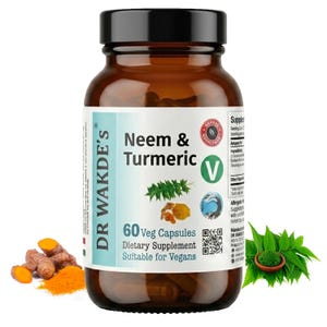 Puede incluir: Un frasco de plástico marrón que contiene 60 cápsulas vegetales del suplemento dietético Neem & Turmeric de Dr. Wakde's. La etiqueta blanca muestra el nombre del producto, un símbolo V verde, un código QR e ilustraciones de hojas de neem y cúrcuma.