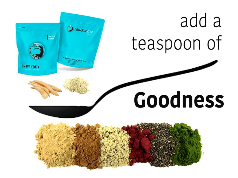 May include: A spoon with the text "Goodness" above it, filled with various powders and seeds. The powders are light brown, dark brown, white, red, and green. The seeds are black. Two bags of powder are in the background, one blue with the text "DR WAKDE'S" and the other blue with the text "DRWAKDE.COM".