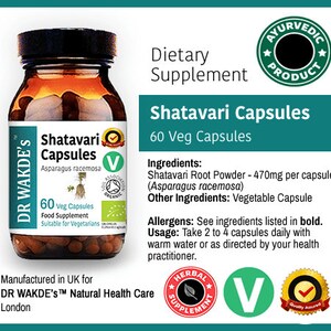 May include: A brown bottle with a green label that reads "Shatavari Capsules" and "Asparagus racemosa". The bottle contains 60 vegetarian capsules and is a dietary supplement. The label also states that the product is "Ayurvedic" and "Organic".