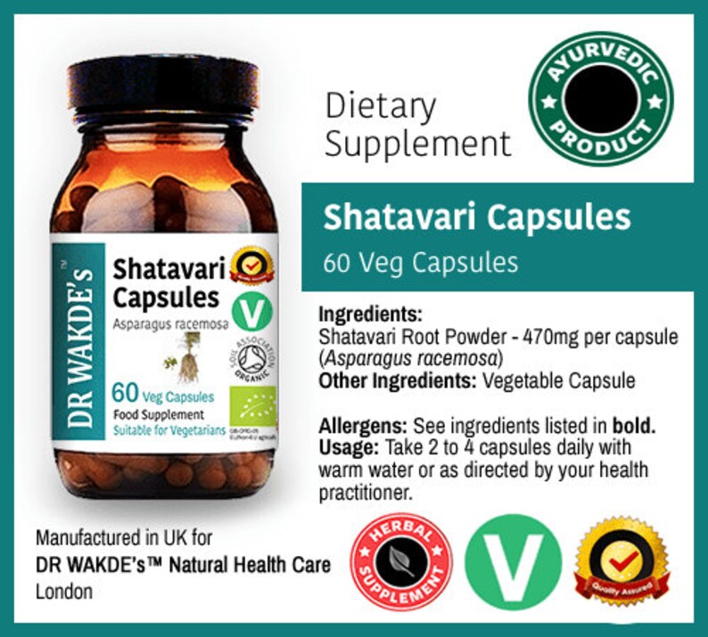 May include: A brown bottle with a green label that reads "Shatavari Capsules" and "Asparagus racemosa". The bottle contains 60 vegetarian capsules and is a dietary supplement. The label also states that the product is "Ayurvedic" and "Organic".