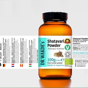 May include: A brown glass bottle with a white label containing Shatavari Powder, Asparagus racemosa, 100g (3.5oz), pure herbal powder, suitable for vegetarians. The label also includes the brand name DR WAKDE'S, a green and white logo, and a green and white seal that says "Soil Association Organic".