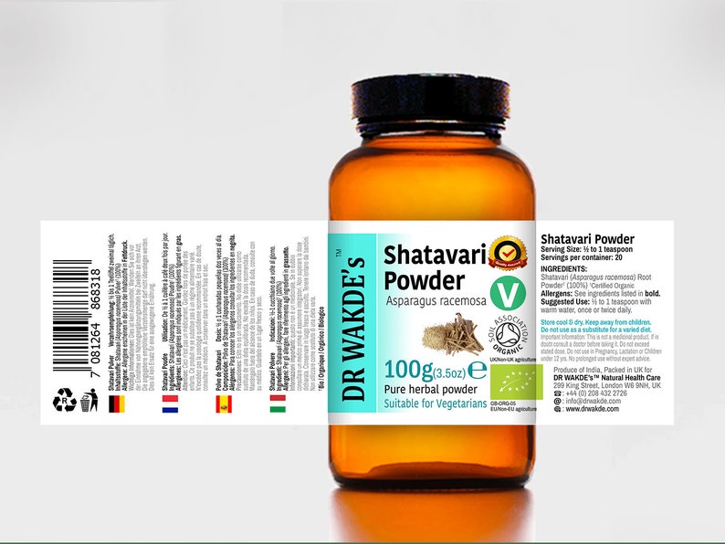 May include: A brown glass bottle with a white label containing Shatavari Powder, Asparagus racemosa, 100g (3.5oz), pure herbal powder, suitable for vegetarians. The label also includes the brand name DR WAKDE'S, a green and white logo, and a green and white seal that says "Soil Association Organic".
