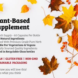 Op de afbeelding: Plantaardig supplement met 100% natuurlijke ingredi&euml;nten, geschikt voor vegetari&euml;rs en veganisten. 1 maand levering - 60 capsules per fles. Vegan, glutenvrij, GMO-vrij, duurzame verpakking. We weten dat je het geweldig zult vinden! Laat ons weten wat je denkt.