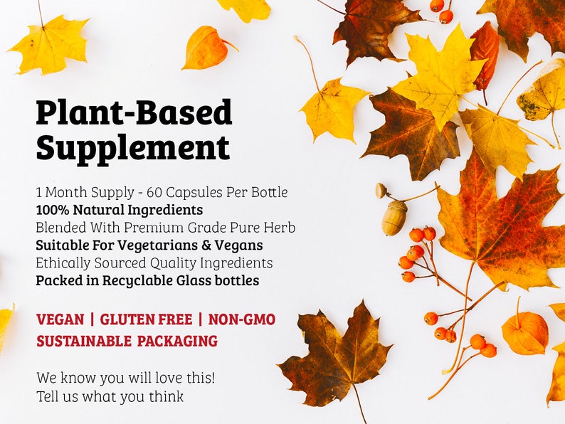 Op de afbeelding: Plantaardig supplement met 100% natuurlijke ingredi&euml;nten, geschikt voor vegetari&euml;rs en veganisten. 1 maand levering - 60 capsules per fles. Vegan, glutenvrij, GMO-vrij, duurzame verpakking. We weten dat je het geweldig zult vinden! Laat ons weten wat je denkt.