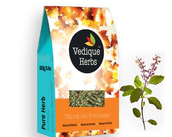 VEDIQUE REMEDIES  Organic Tulsi (Holy basil | Ocimum sanctum) - 250g (8.8oz) | Raw, Crude, Dried | T-Cut | Premium Grade