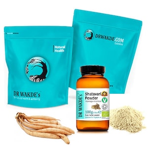 May include: Two blue bags with the text "DR WAKDE'S" and "Natural Health" on them. A brown glass jar with a white label that says "Shatavari Powder" and "100g (3.5oz)". The jar is next to a pile of light brown powder.