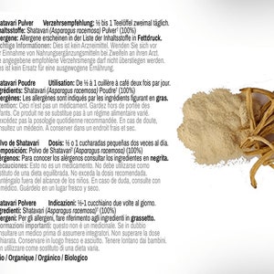 May include: A package of Shatavari powder, a natural herbal supplement. The package is labeled in German, French, Spanish, and Italian. The label includes information about the ingredients, dosage, and precautions. The package also includes a small bundle of Shatavari roots.