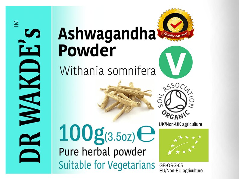 May include: A 100g (3.5oz) bag of organic Ashwagandha powder, a pure herbal powder suitable for vegetarians. The bag features a green and white label with the brand name "DR WAKDE'S" and the text "Withania somnifera". The image also includes several certifications, including "Quality Assured", "Soil Association Organic", and "EU/Non-EU agriculture".