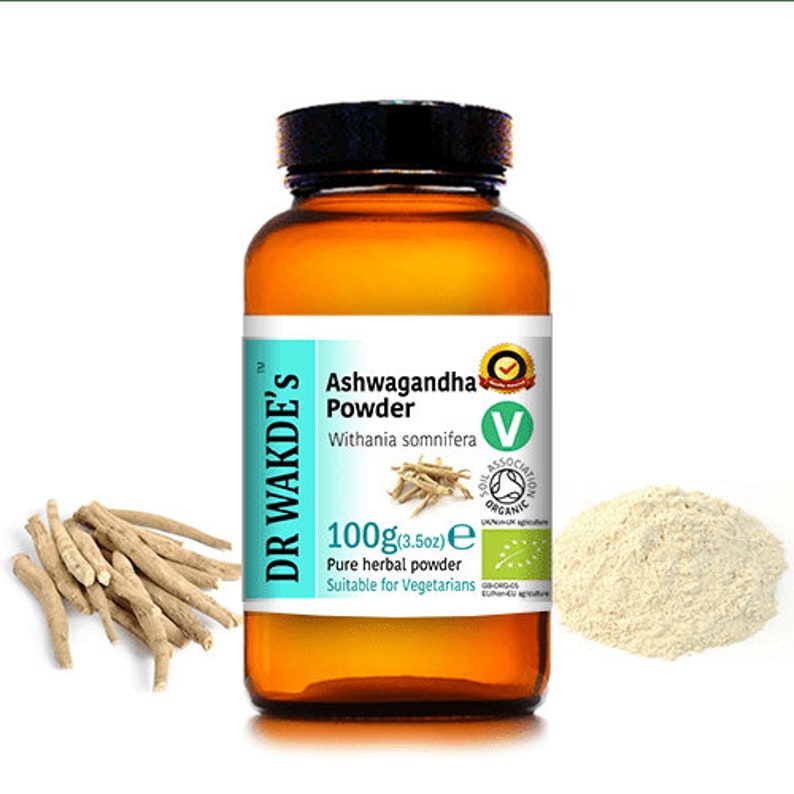 May include: A brown glass bottle with a white label that reads "Dr. Wakde's Ashwagandha Powder Withania somnifera 100g (3.5oz) e Pure herbal powder Suitable for Vegetarians". The bottle is surrounded by dried roots and a pile of light brown powder.