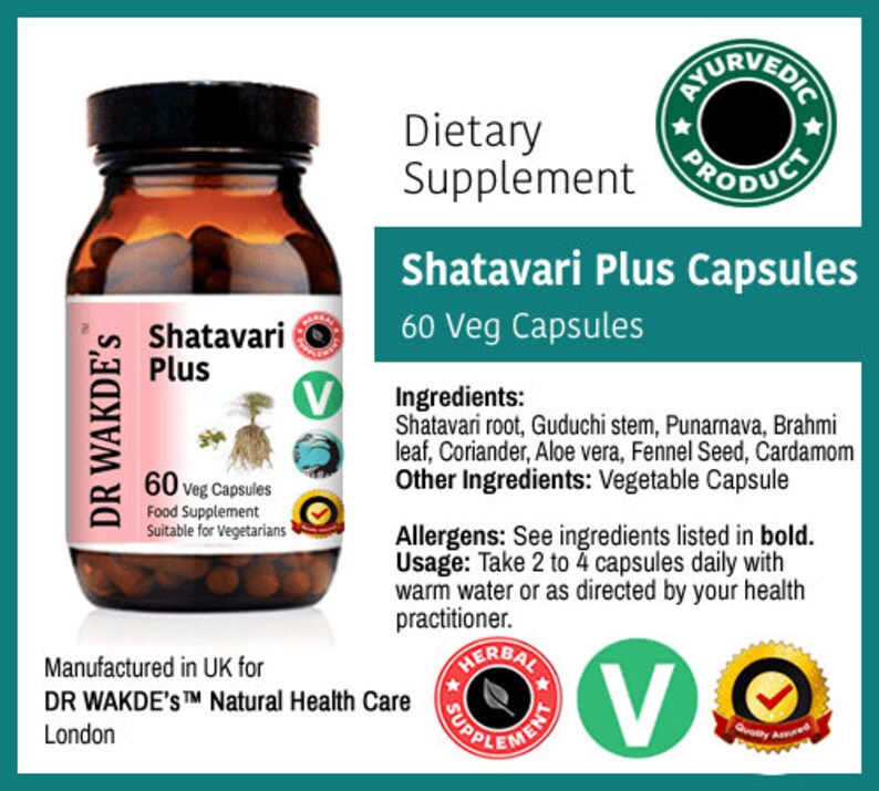 Op de afbeelding: Een bruine fles met een wit etiket waarop "DR WAKDE'S Shatavari Plus 60 Veg Capsules Food Supplement Suitable for Vegetarians" staat. De fles is ge&euml;tiketteerd als een Ayurvedisch product en een voedingssupplement. De fles is omgeven door groene en witte tekst en afbeeldingen.