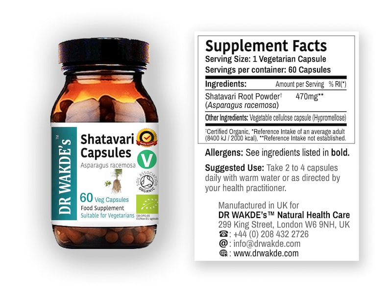 May include: A brown glass bottle with a white label that reads "DR WAKDE'S Shatavari Capsules Asparagus racemosa 60 Veg Capsules Food Supplement Suitable for Vegetarians". The bottle contains brown capsules and has a green and white sticker with the words "Soil Association Organic".