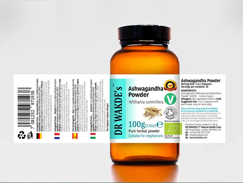 May include: A brown glass bottle with a white label containing 100 grams (3.5 ounces) of organic Ashwagandha powder. The label features the brand name "DR WAKDE'S" and the text "Withania somnifera".