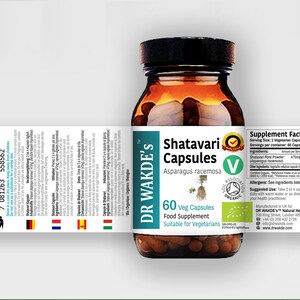 May include: A brown glass bottle with a white label containing 60 vegetarian capsules of Shatavari, a natural supplement made from Asparagus racemosa. The label also includes the brand name "DR WAKDE'S" and the text "Suitable for Vegetarians".